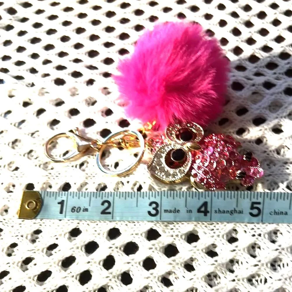 Adorable Rhinestone Owl with Pom Pom Purse Charm/Keychain - NEW!